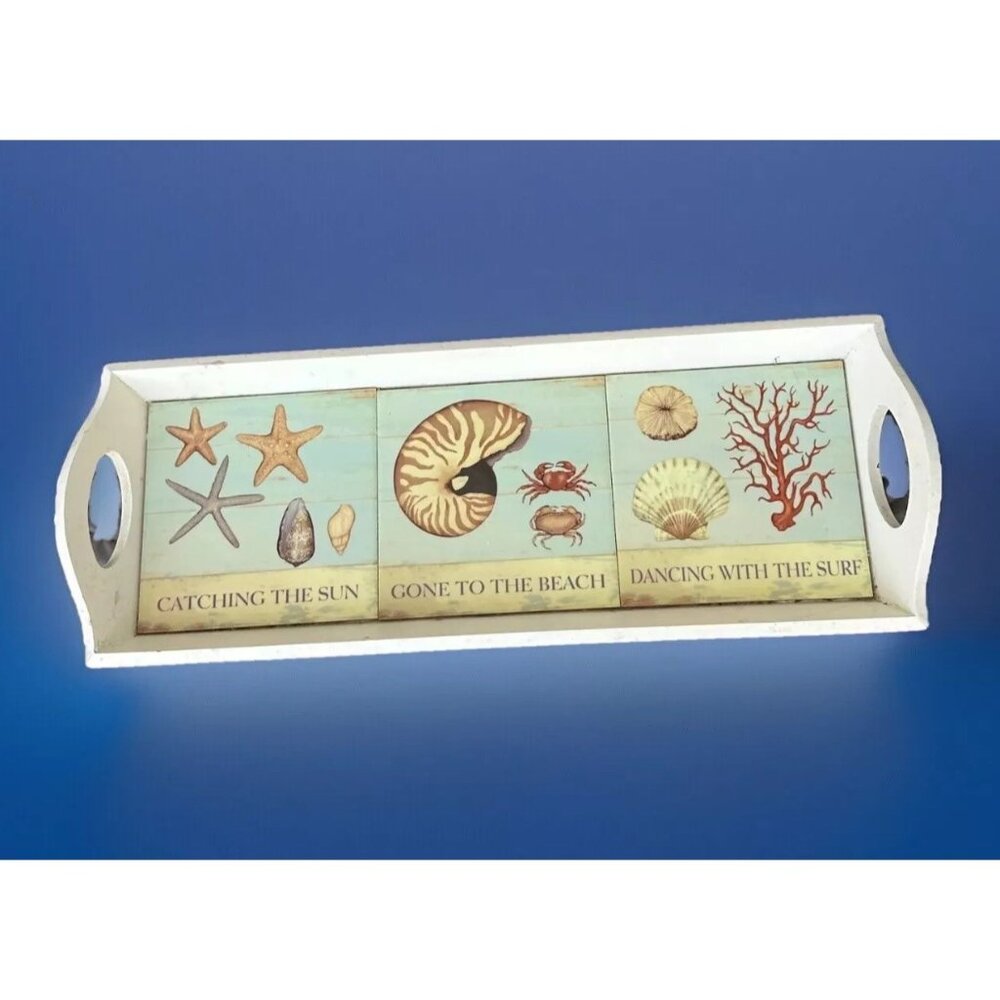 Wood Tile Tray Beach Seashell Theme Rectangle 20"